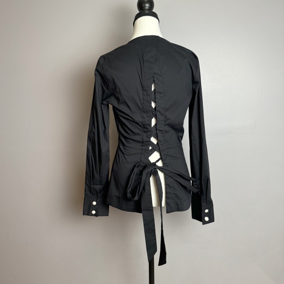 Venus black tie back pearl button down blouse - Picture 2 of 14